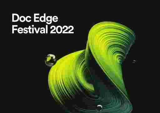 Green illustration swirl with raindrops bouncing off on a black background with Doc Edge Festival logo in white 